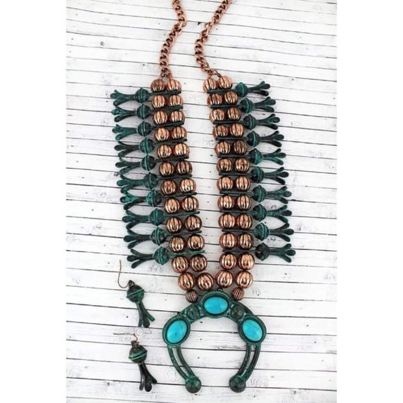 Jewelry - TURQUOISE STONE AND PATINA SQUASH BLOSSOM NECKLACE Jewelry - TURQUOISE STONE AND PATINA SQUASH BLOSSOM NECKLACE